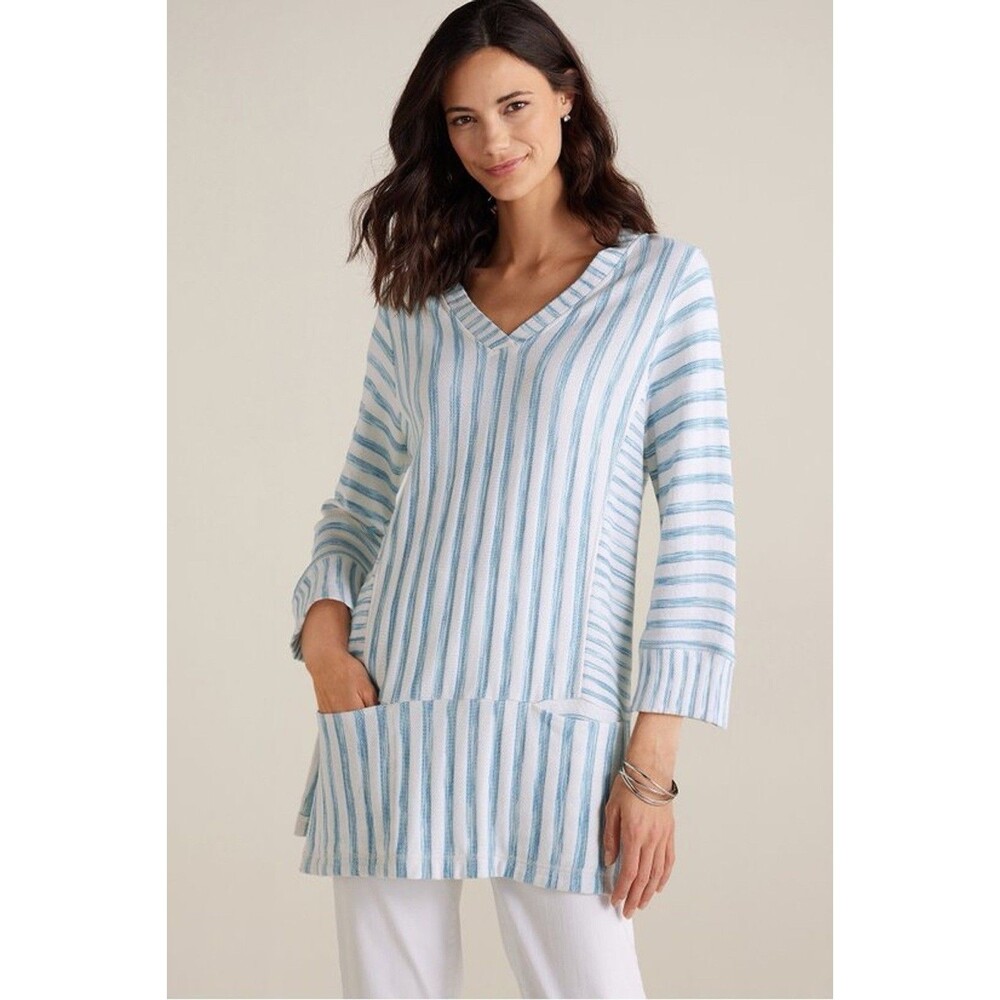Soft Surroundings Blue Striped V Neck Briza Tunic Top Size Small